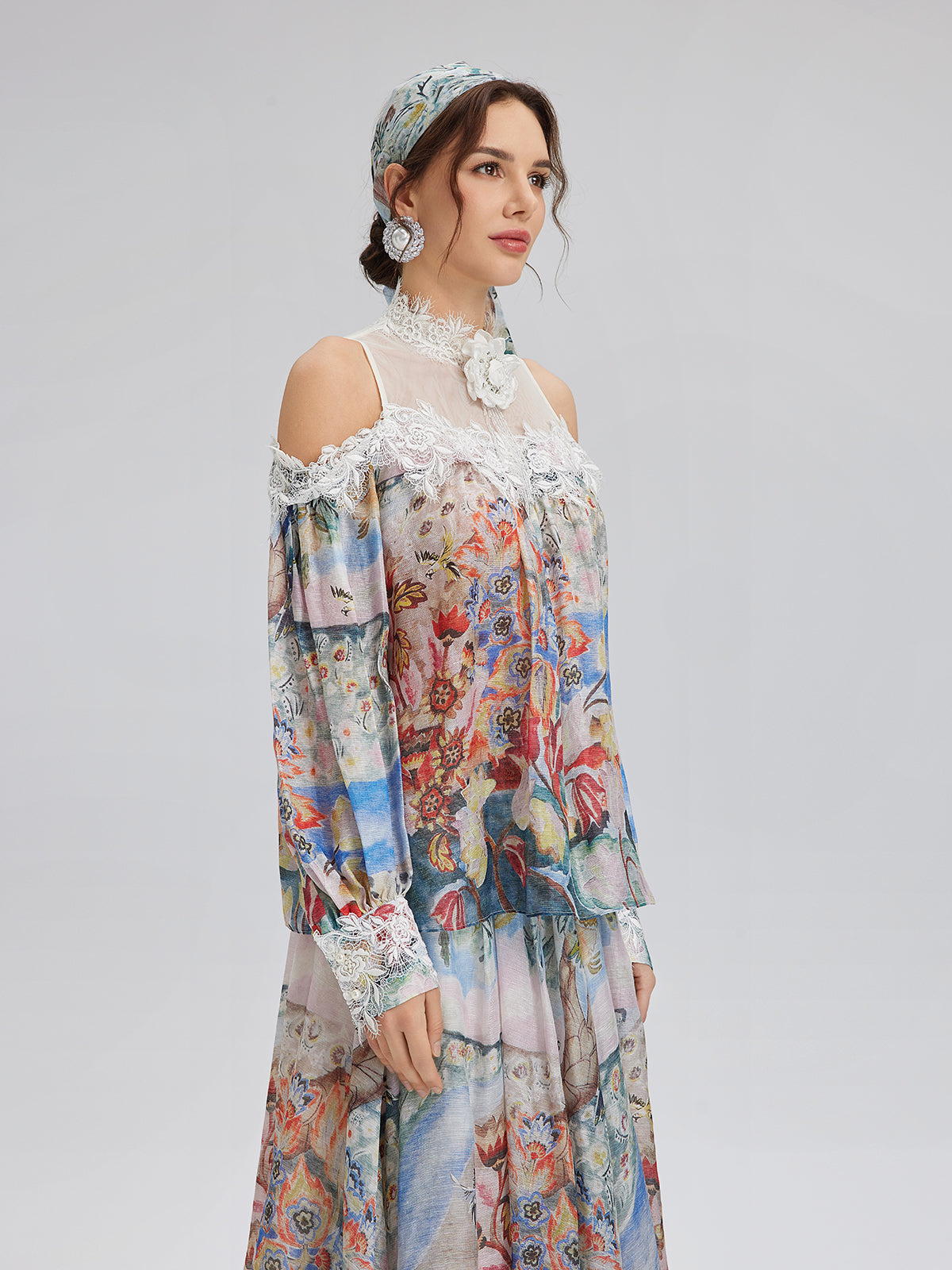 Oil Painting Print Silk-Linen Mesh Blouse