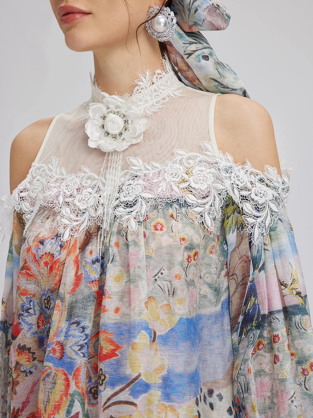 Oil Painting Print Silk-Linen Mesh Blouse