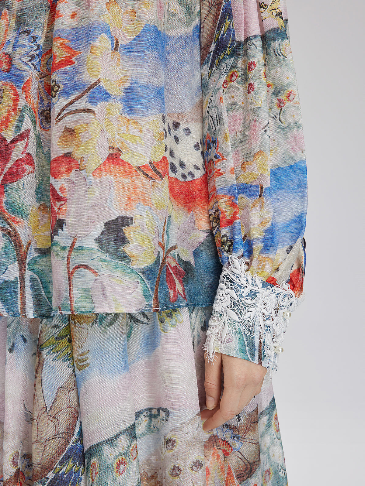 Oil Painting Print Silk-Linen Mesh Blouse