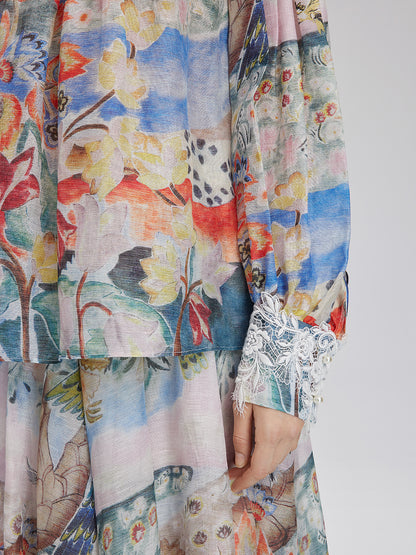 Oil Painting Print Silk-Linen Mesh Blouse