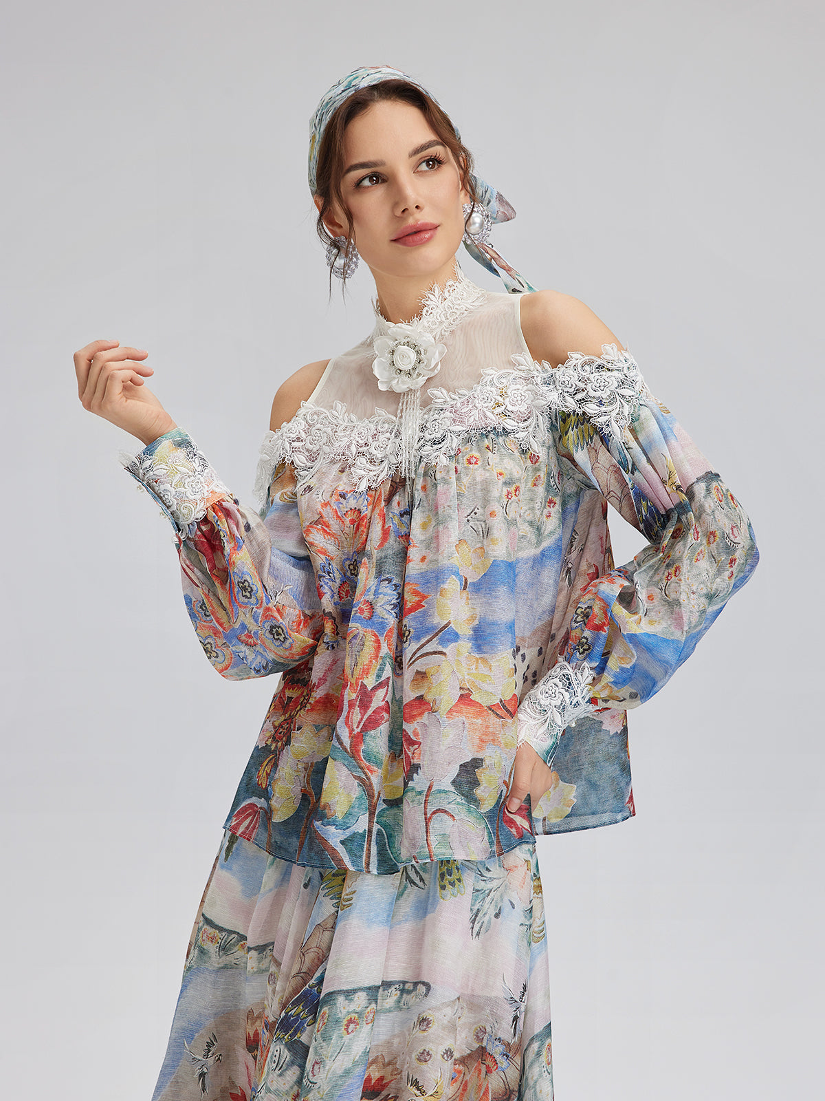 Oil Painting Print Silk-Linen Mesh Blouse