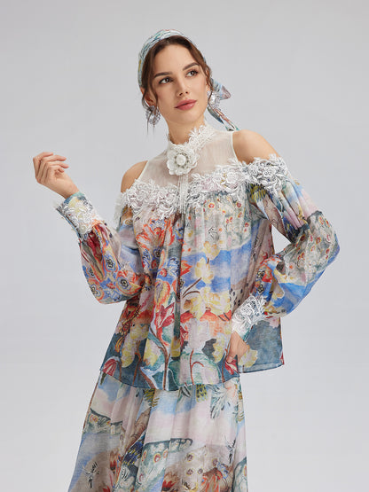 Oil Painting Print Silk-Linen Mesh Blouse