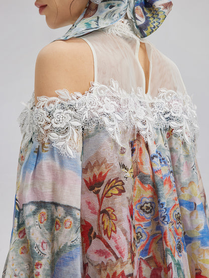 Oil Painting Print Silk-Linen Mesh Blouse