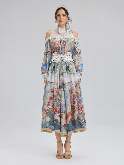 Oil Painting Print Silk-Linen Mesh Blouse