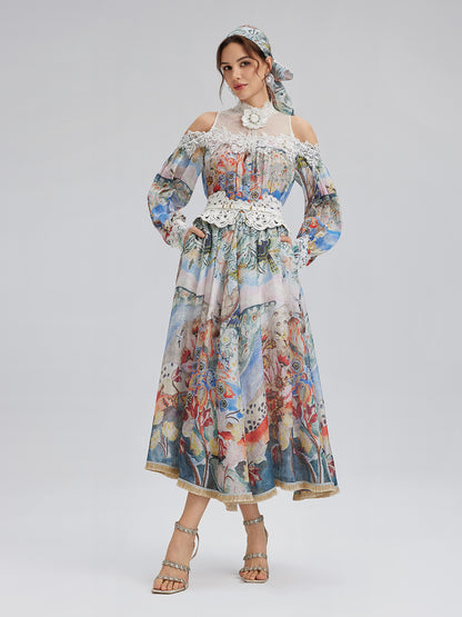Oil Painting Print Silk-Linen Mesh Blouse