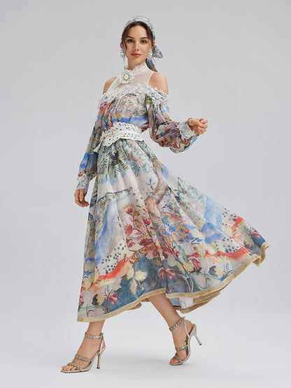 Oil Painting Print Silk-Linen Mesh Blouse