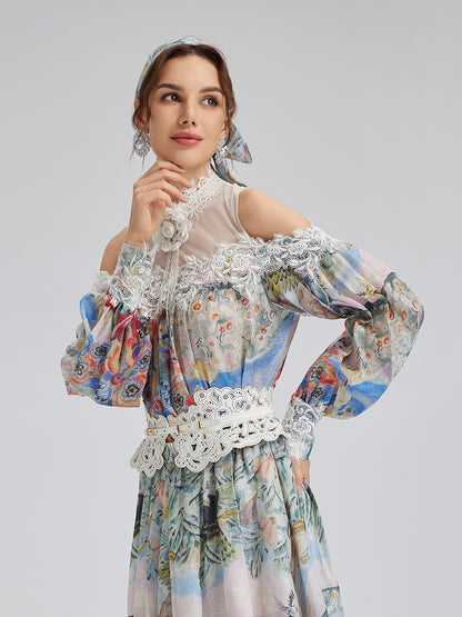 Oil Painting Print Silk-Linen Mesh Blouse