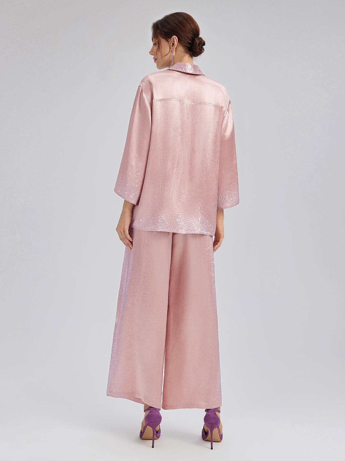 Crystal-Embellished Stretch Waistband Wide-Leg Pants