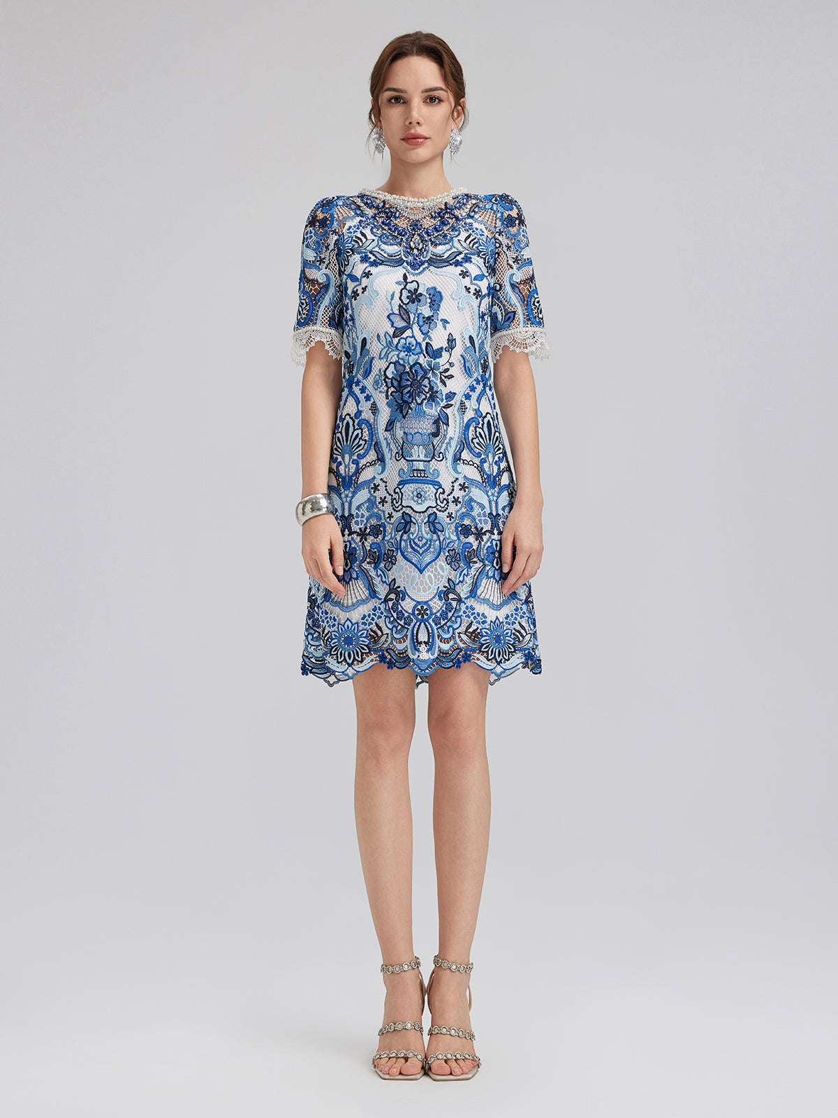 Guipure Lace Hand-Applied Crystals Mini Dress