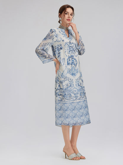 Silk Italian Floral Printed V-Neckline Dress