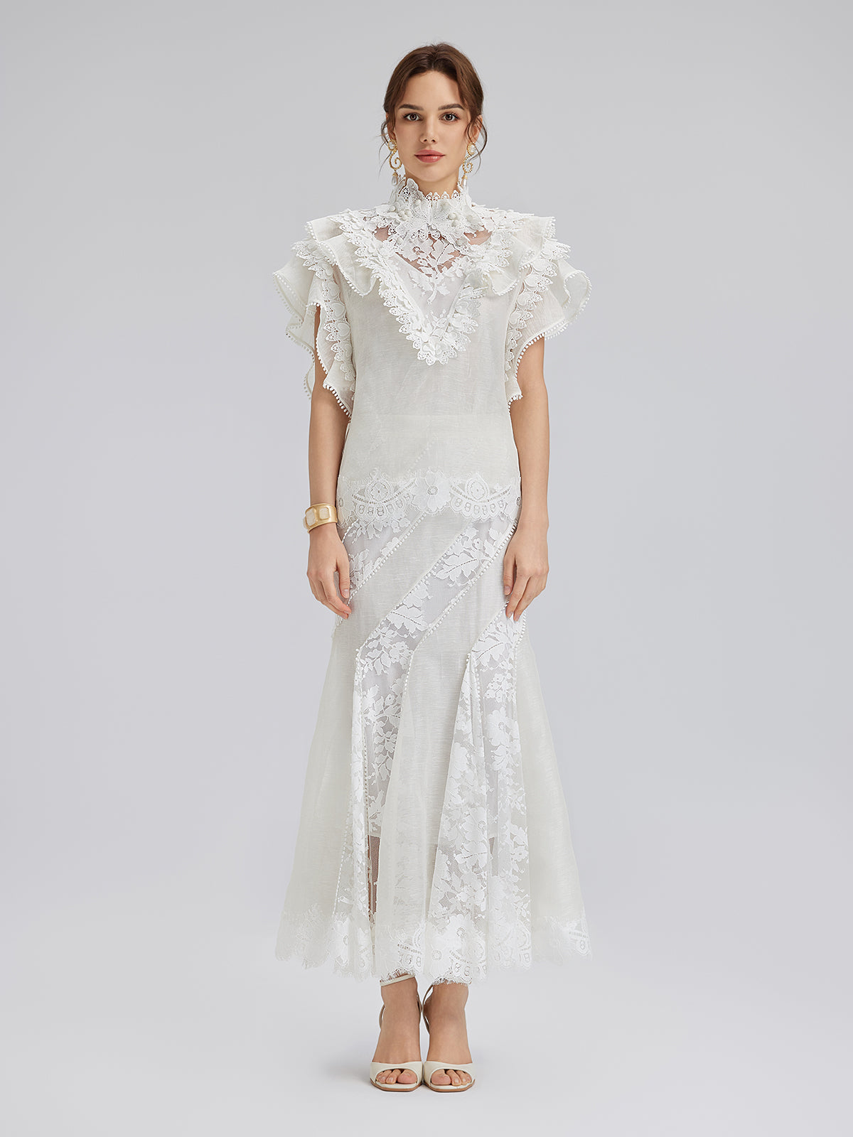 Lace-Panel Silk-Linen Mermaid Skirt