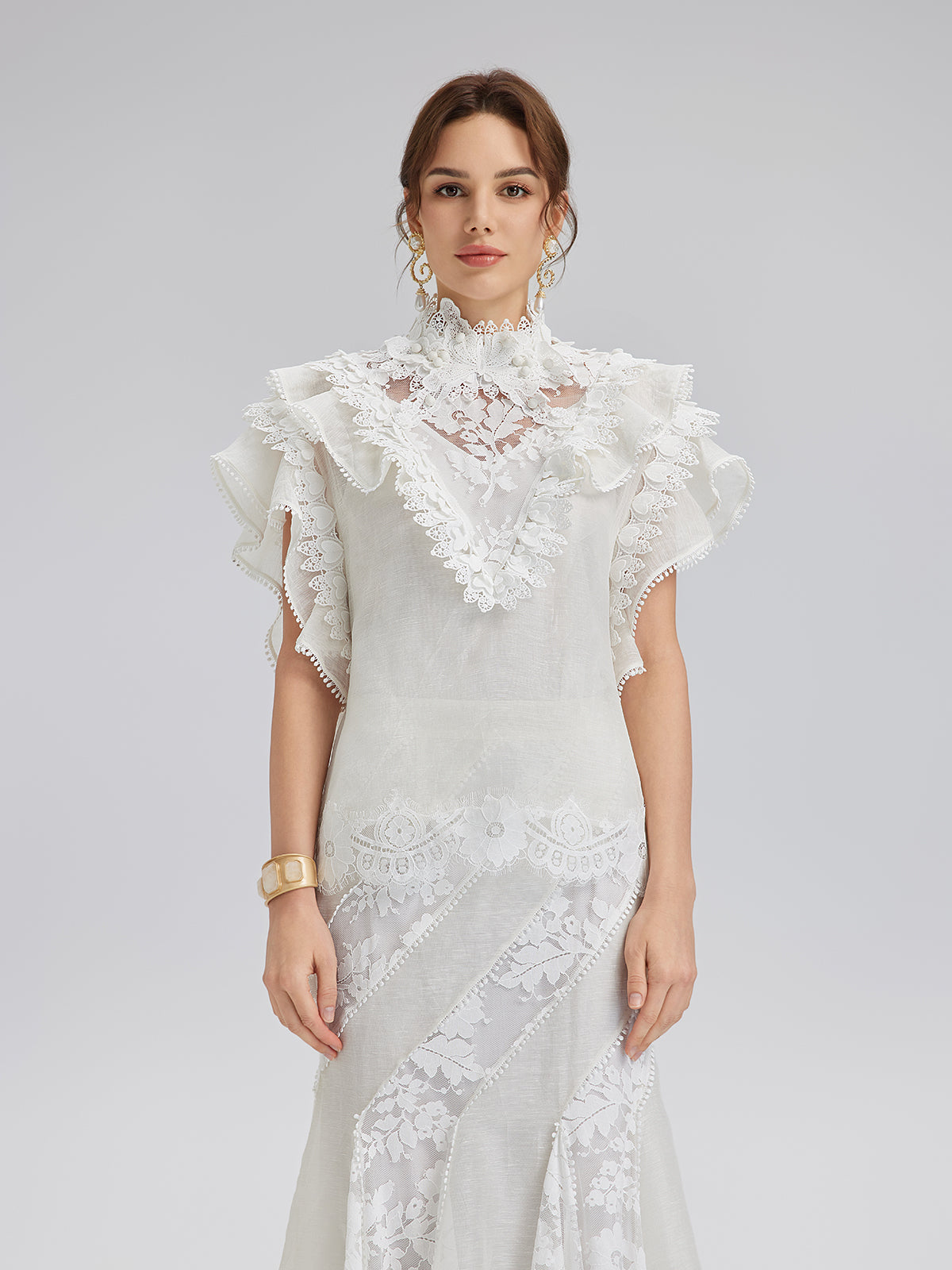 Ruffled Lace Trim Silk-Linen Blouse