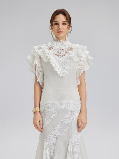 Ruffled Lace Trim Silk-Linen Blouse