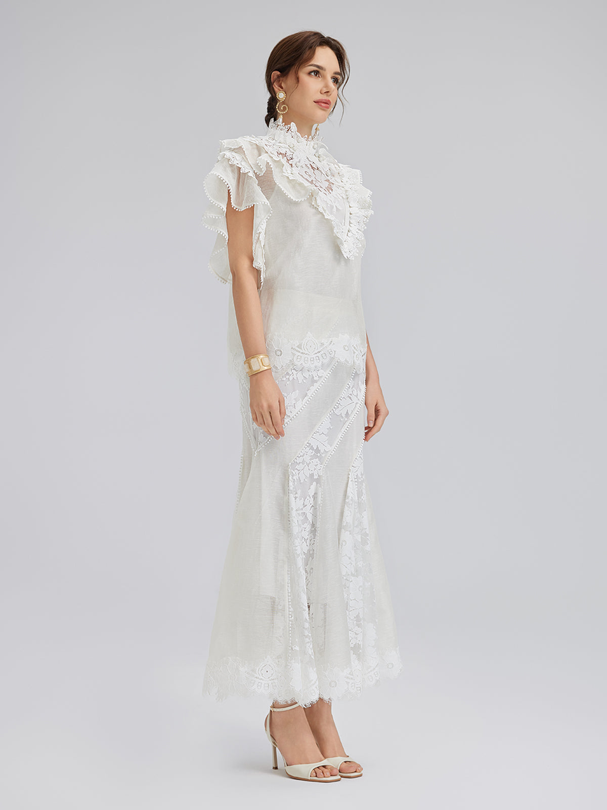 Lace-Panel Silk-Linen Mermaid Skirt