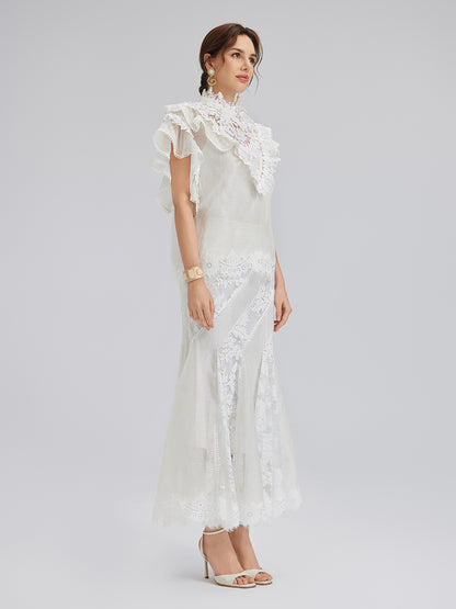 Lace-Panel Silk-Linen Mermaid Skirt