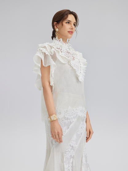 Ruffled Lace Trim Silk-Linen Blouse