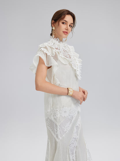 Ruffled Lace Trim Silk-Linen Blouse