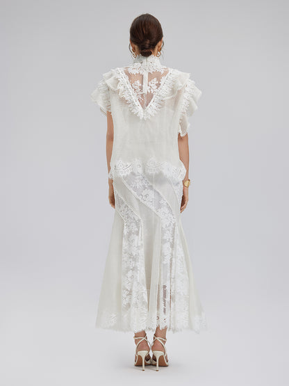 Lace-Panel Silk-Linen Mermaid Skirt