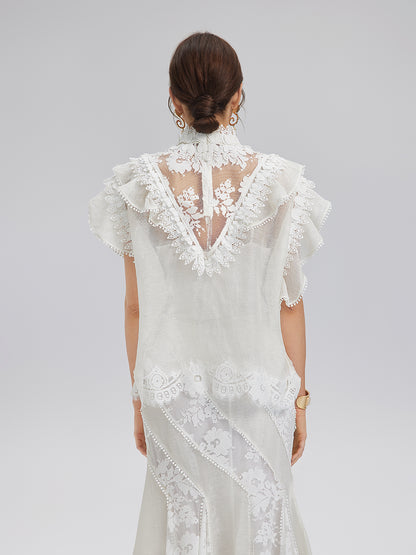 Ruffled Lace Trim Silk-Linen Blouse