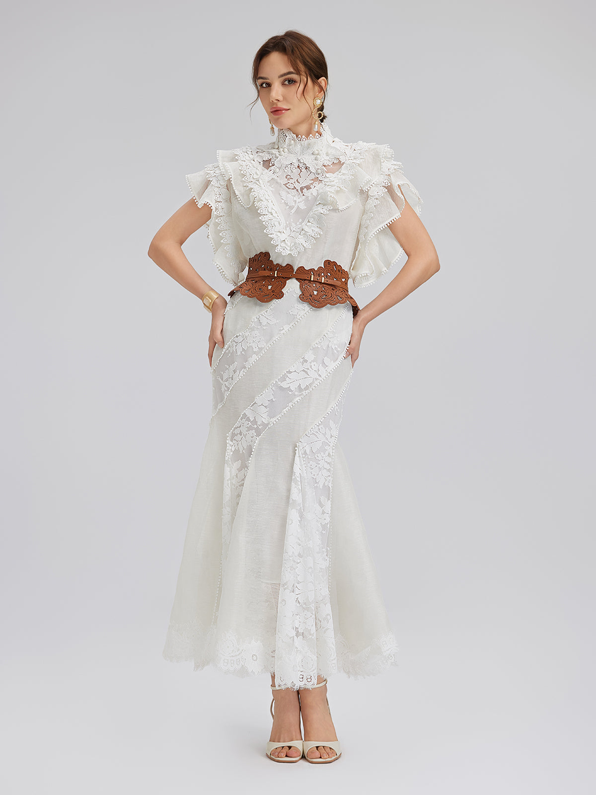 Lace-Panel Silk-Linen Mermaid Skirt