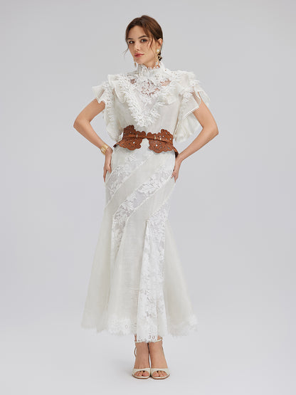 Lace-Panel Silk-Linen Mermaid Skirt