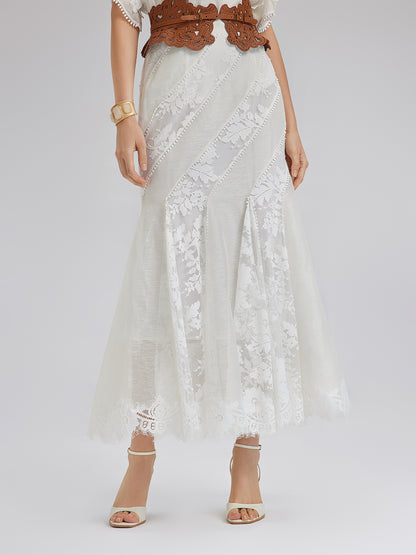 Lace-Panel Silk-Linen Mermaid Skirt