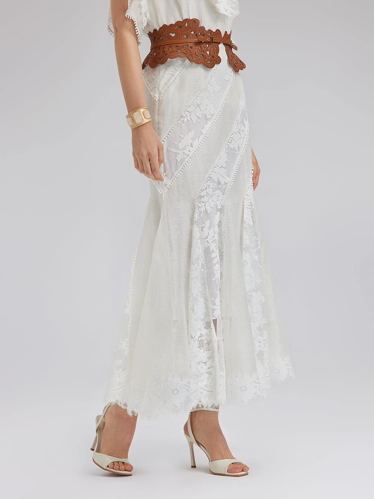 Lace-Panel Silk-Linen Mermaid Skirt