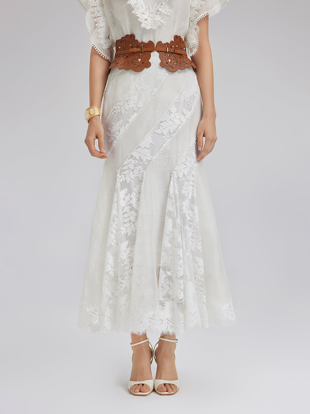 Lace-Panel Silk-Linen Mermaid Skirt