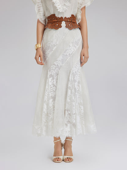 Lace-Panel Silk-Linen Mermaid Skirt