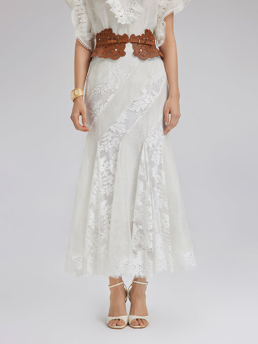 Lace-Panel Silk-Linen Mermaid Skirt