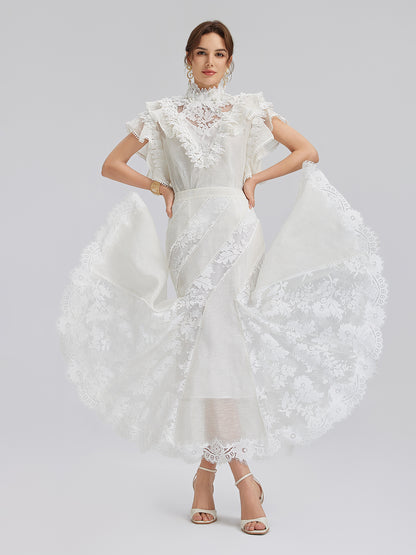 Lace-Panel Silk-Linen Mermaid Skirt
