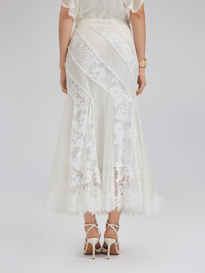 Lace-Panel Silk-Linen Mermaid Skirt
