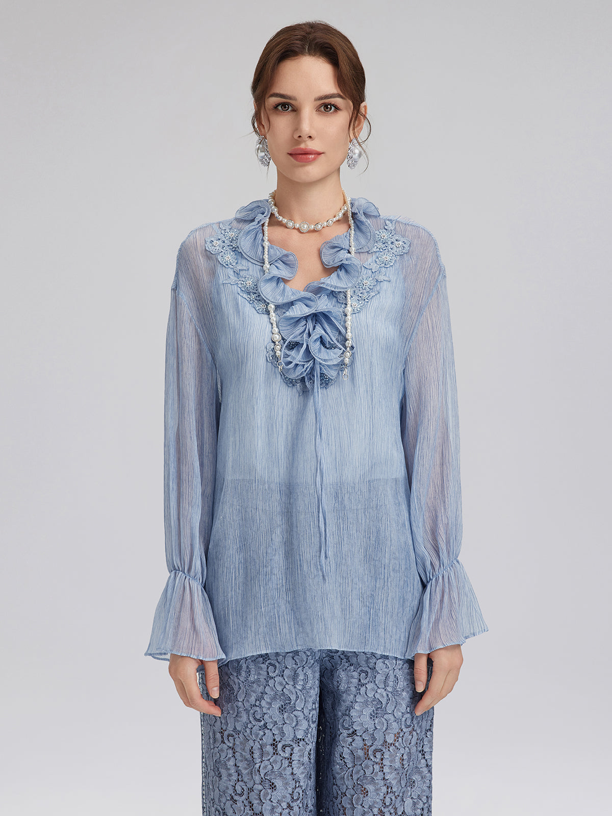 Garment Dyeing Hand-Beaded Ruffle Silk Blouse