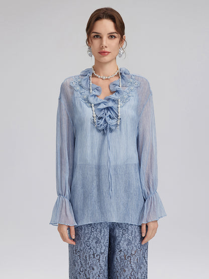 Garment Dyeing Hand-Beaded Ruffle Silk Blouse
