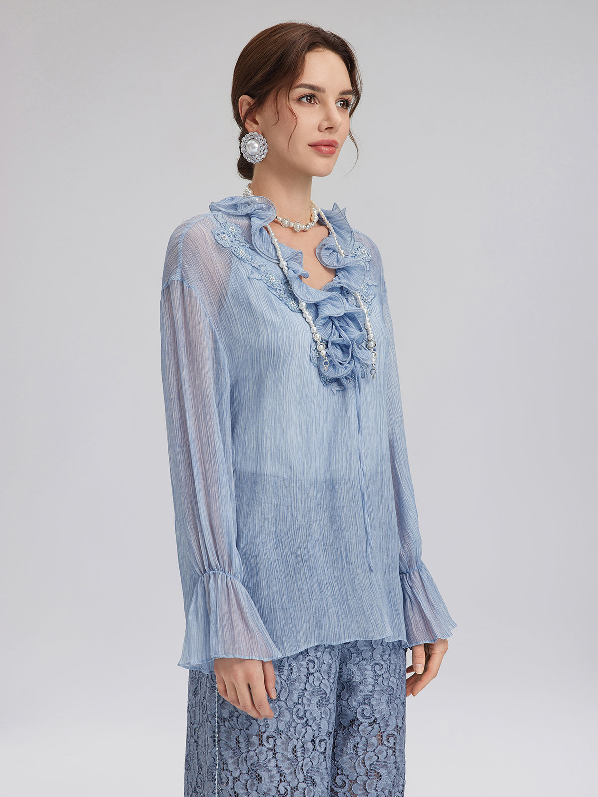 Garment Dyeing Hand-Beaded Ruffle Silk Blouse