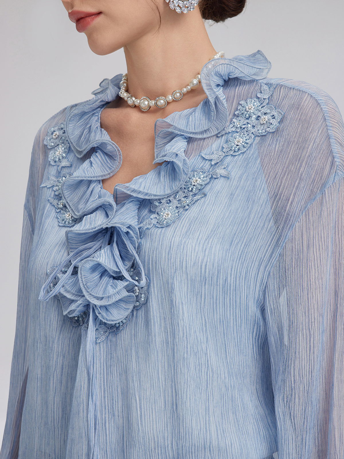 Garment Dyeing Hand-Beaded Ruffle Silk Blouse