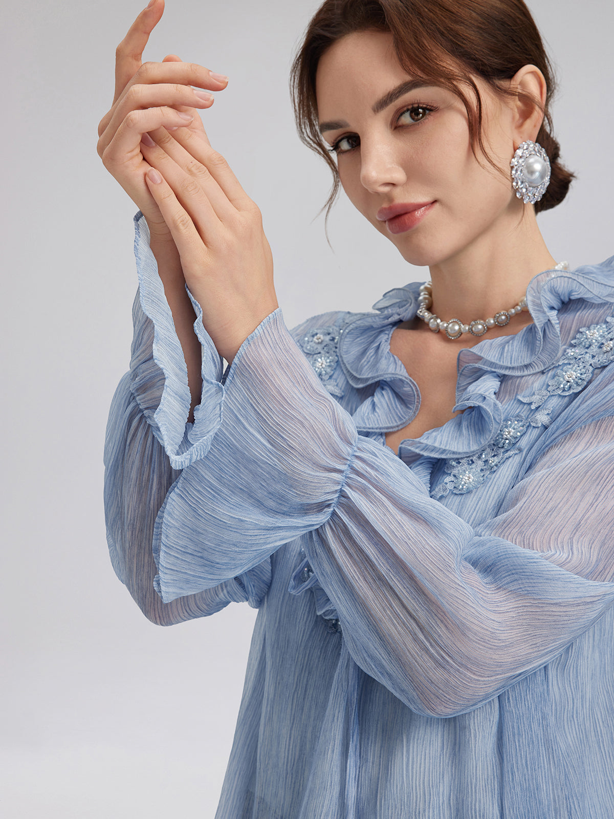 Garment Dyeing Hand-Beaded Ruffle Silk Blouse