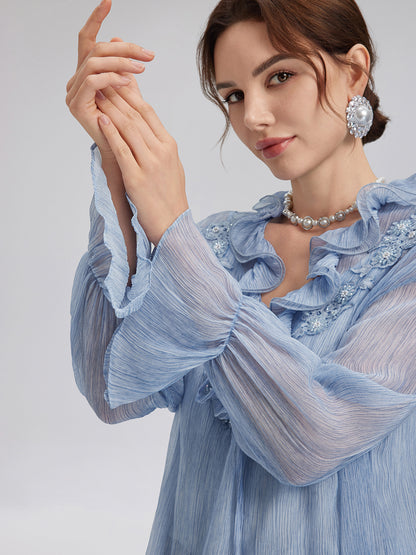 Garment Dyeing Hand-Beaded Ruffle Silk Blouse
