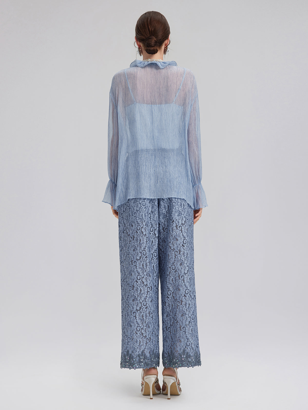 Garment Dyeing Hand-Beaded Ruffle Silk Blouse