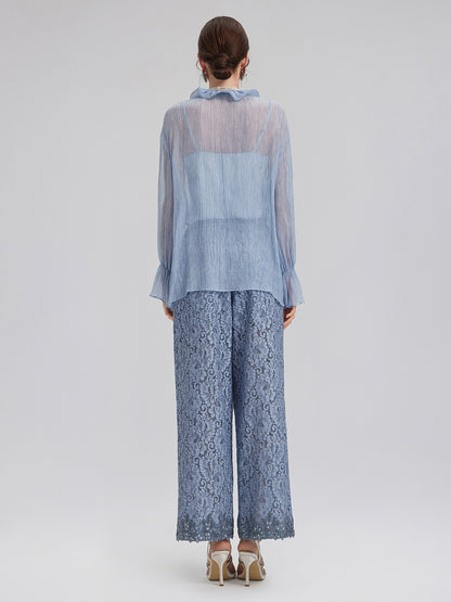 Garment Dyeing Hand-Beaded Ruffle Silk Blouse