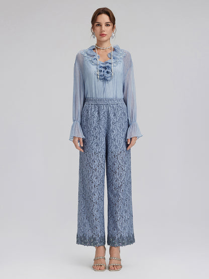 Garment Dyeing Hand-Beaded Ruffle Silk Blouse