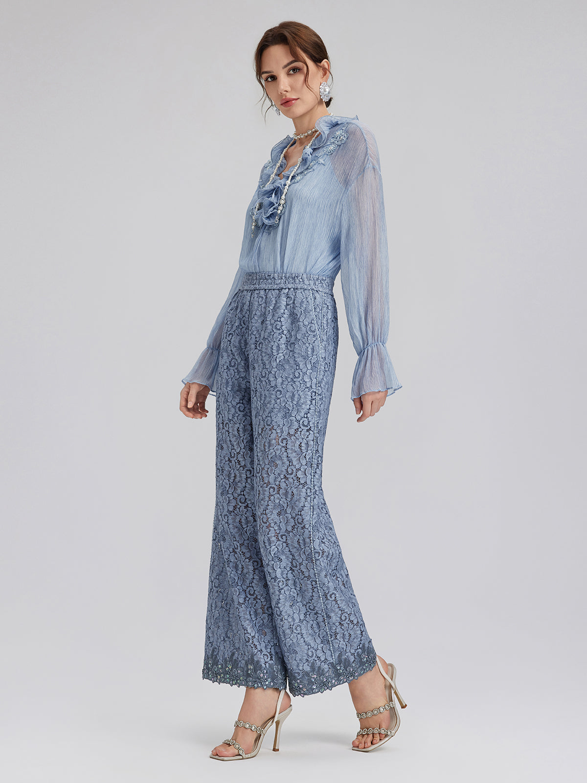Garment Dyeing Hand-Beaded Ruffle Silk Blouse