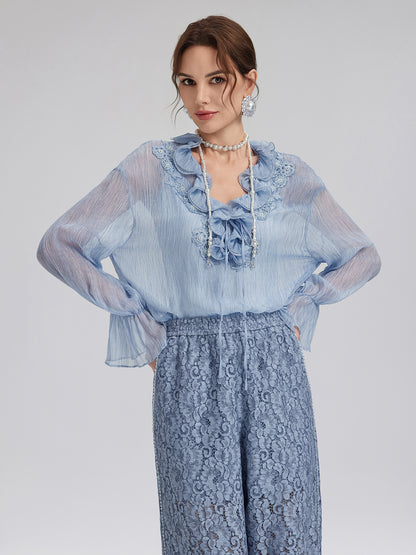 Garment Dyeing Hand-Beaded Ruffle Silk Blouse