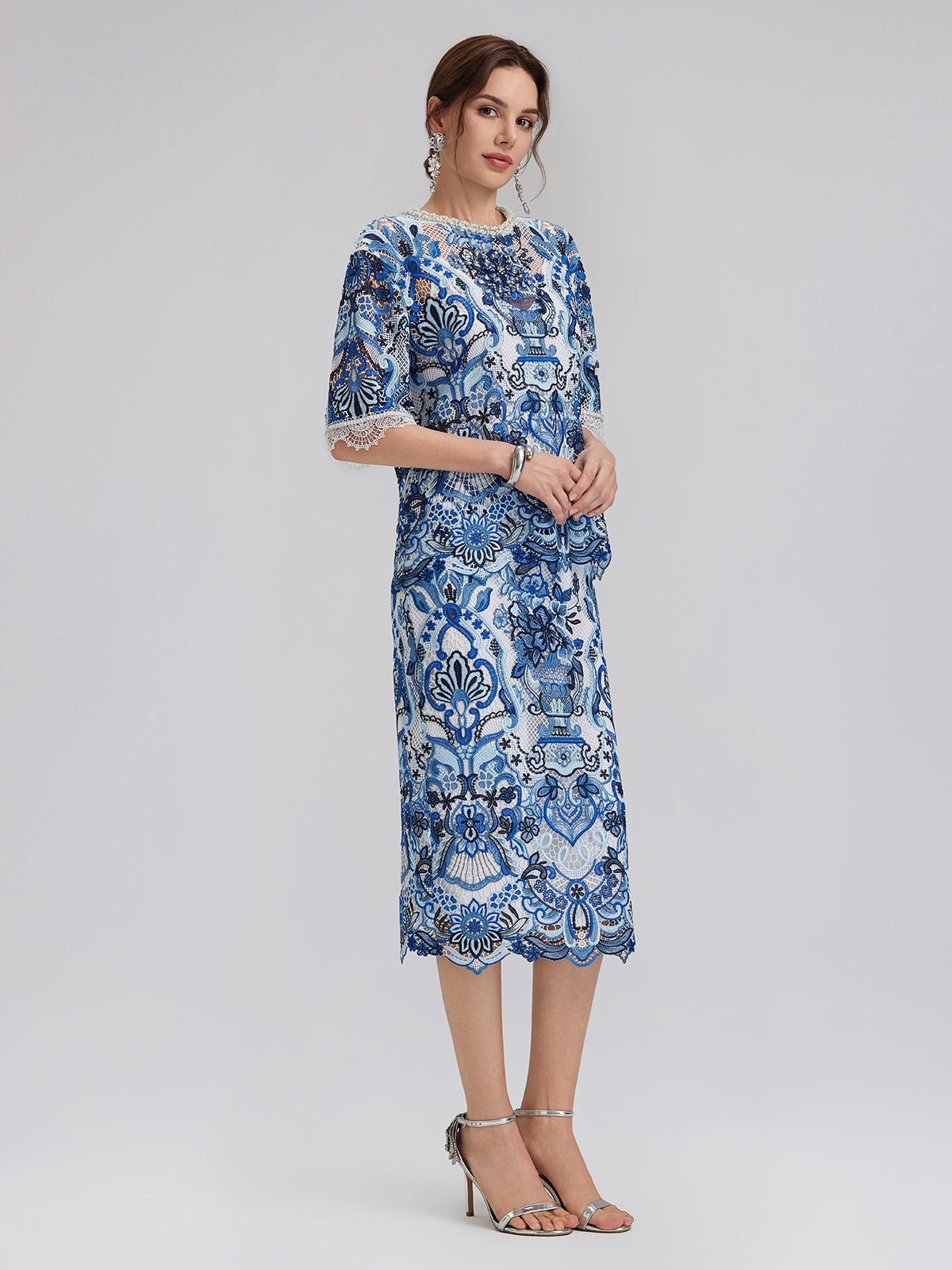 Guipure Lace Hand-Applied Crystals Pullover