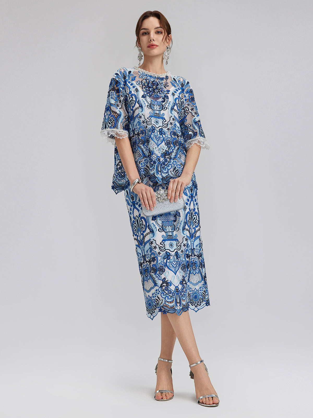 Guipure Lace Hand-Applied Crystals Pullover