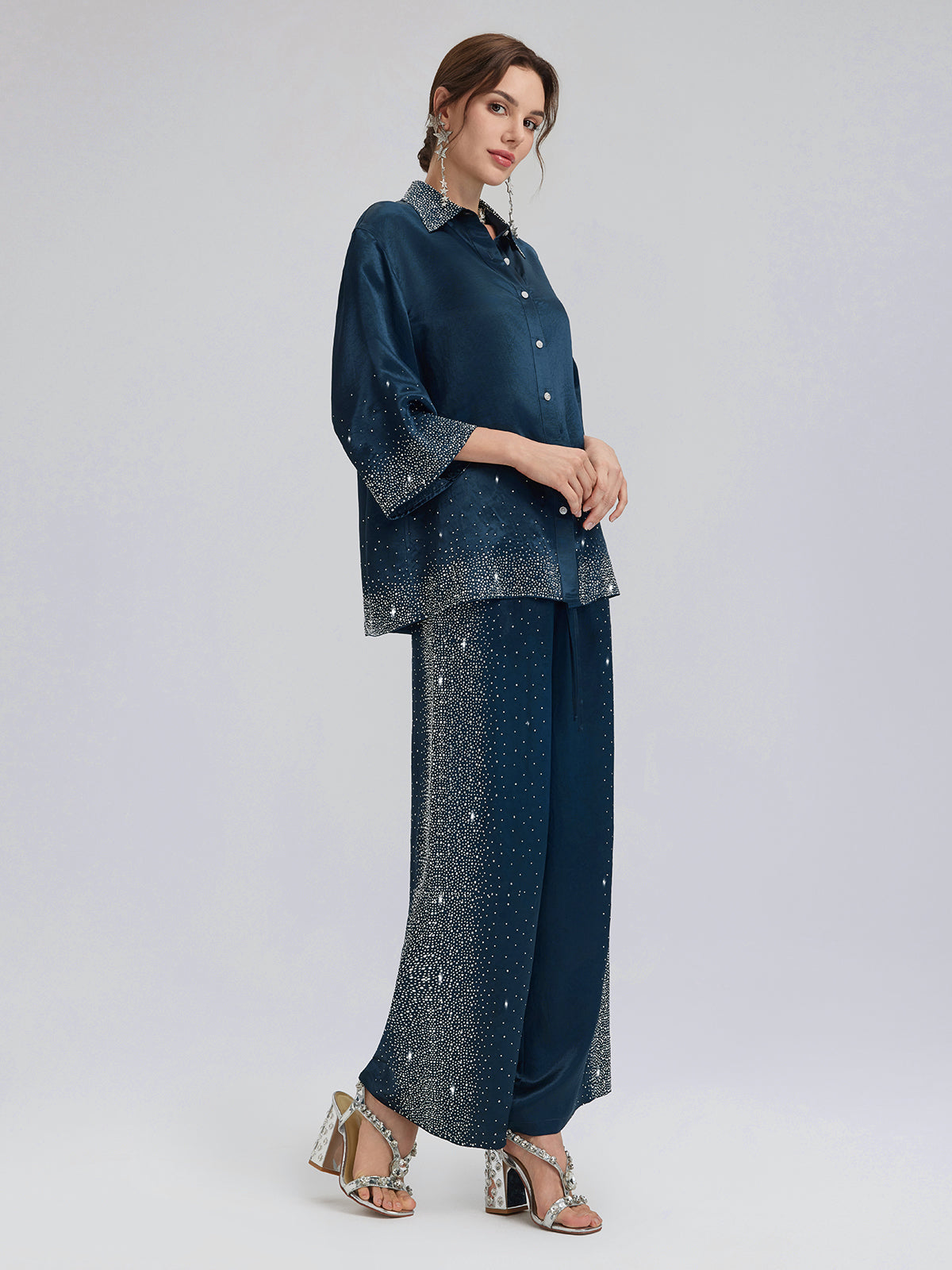 Crystal-Embellished Three-Quarter Sleeve Shirt
