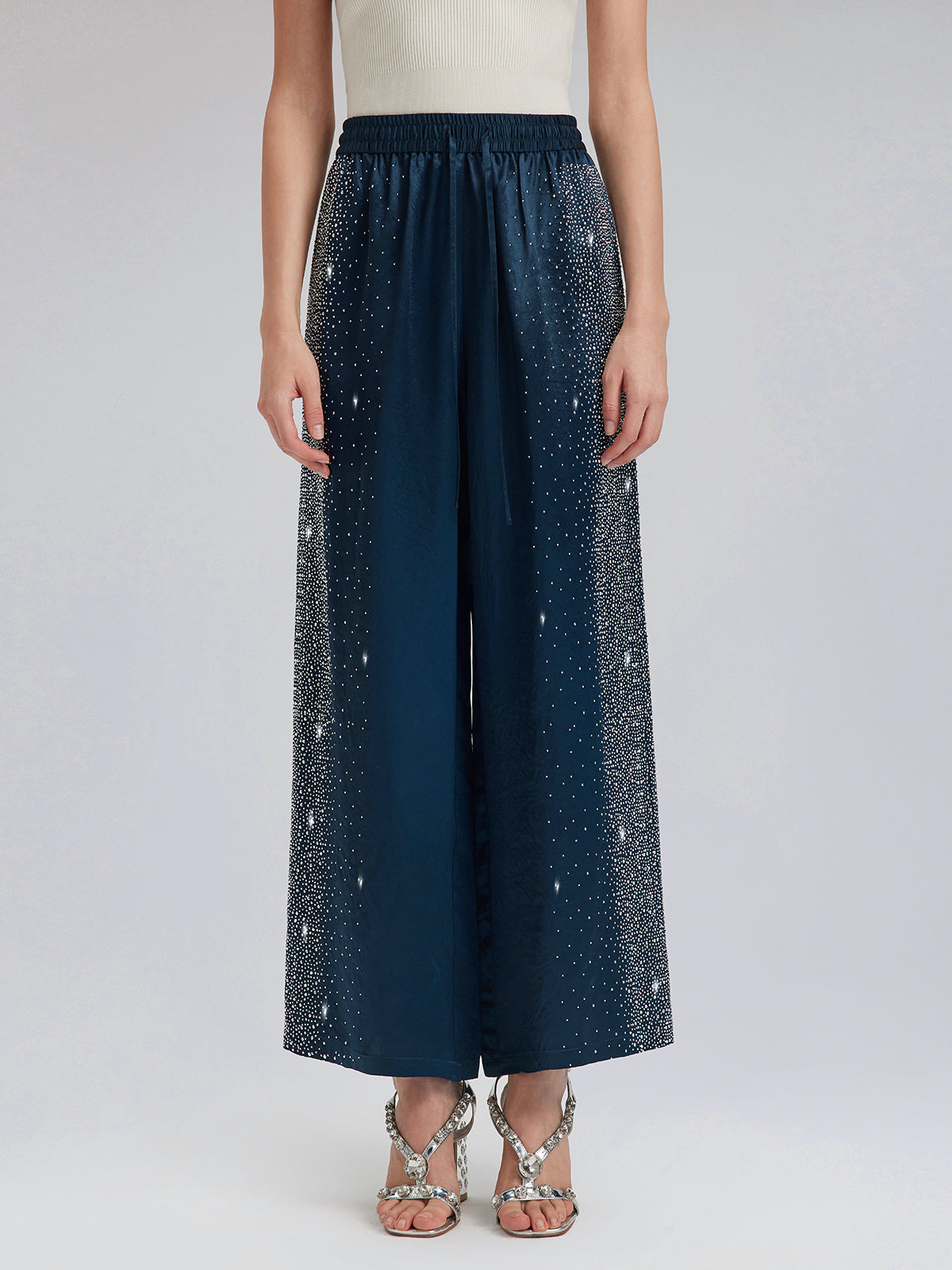 Crystal-Embellished Stretch Waistband Wide-Leg Pants