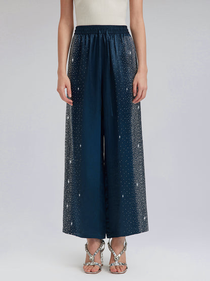 Crystal-Embellished Stretch Waistband Wide-Leg Pants