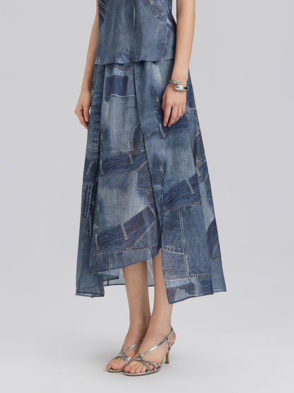 Silk Chiffon Denim-Print Skirt