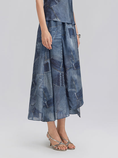 Silk Chiffon Denim-Print Skirt